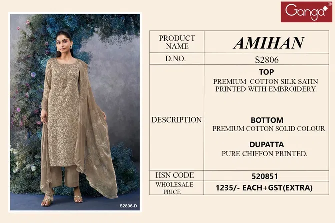 Amihan 2806 By Ganga Cotton Satin Printed Embroidery Dress Material Online Wholesale